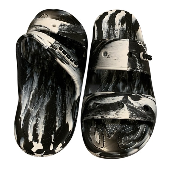 CROCS Shoes - CROCS Classic Marbled Two Strap Slides Sandals Black White Women’s 11 Beach